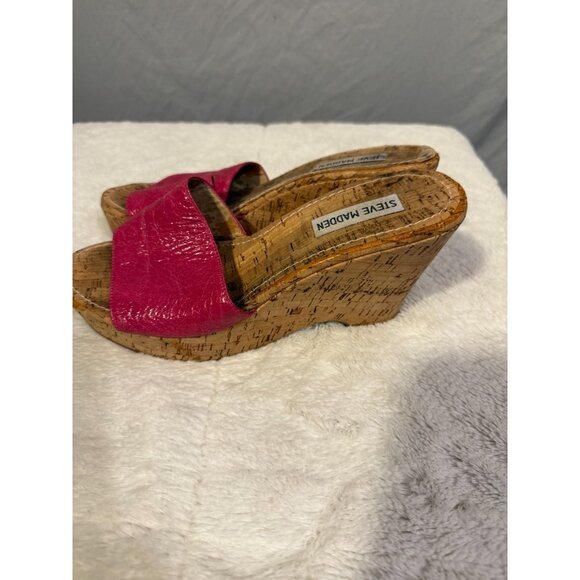 Steve Madden Womens Pink Leather Wedges Heels Cork Look Slide On Womens Size 8 - Picture 3 of 5